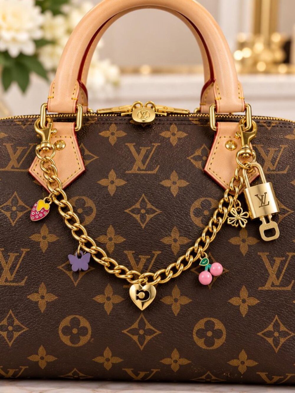 Authentic Louis Vuitton Gold Padlock with Unbranded Decorative Bag Chain / Charm